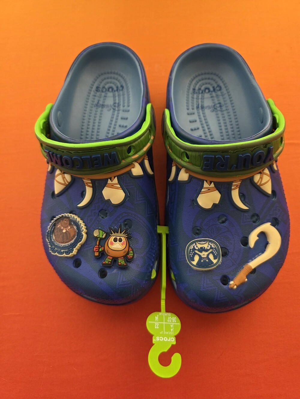 Kids Blue Disney Moana Crocs Clogs with Green Strap and Fun Charms